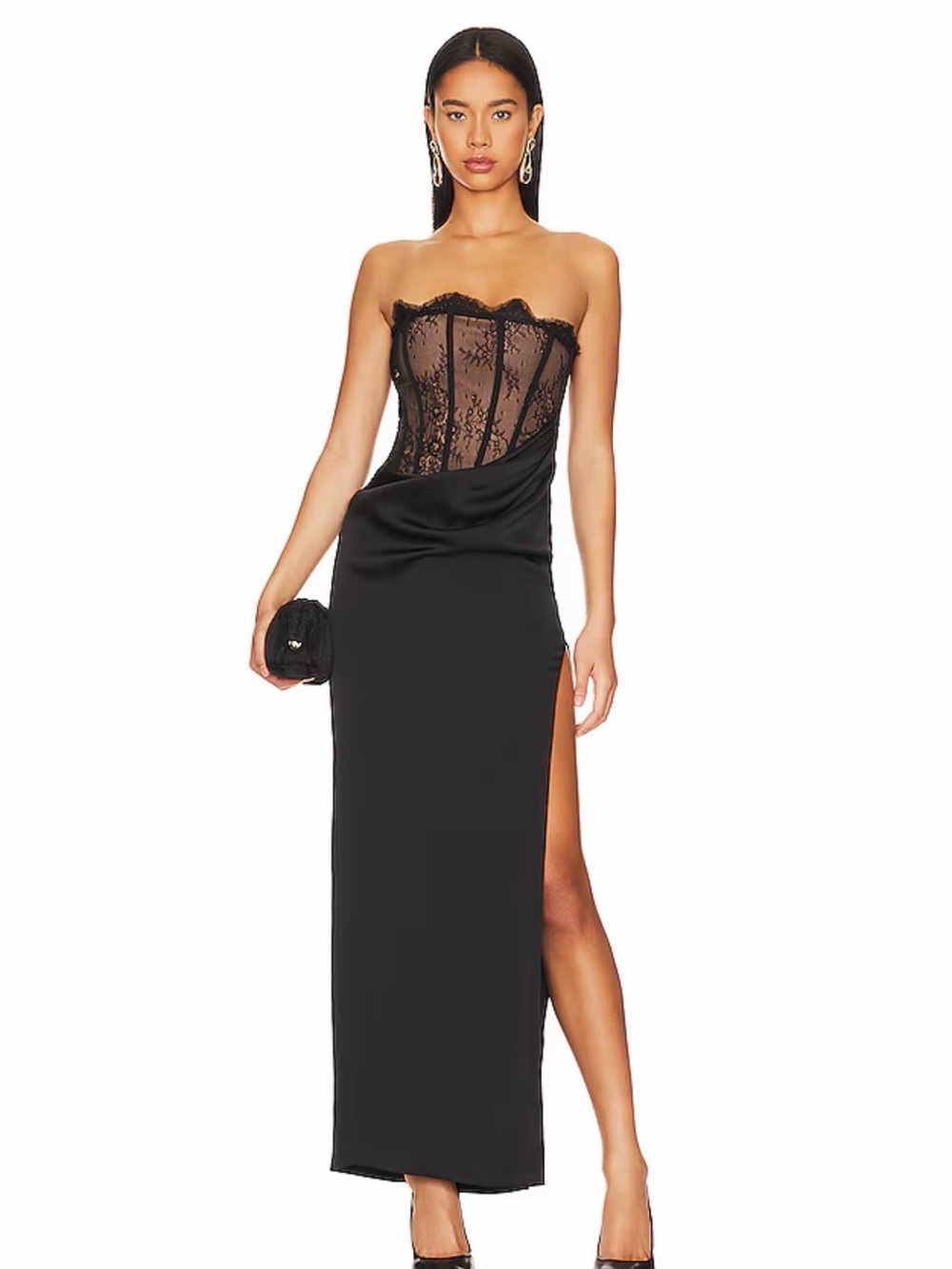 Nalani Strapless Black Lace Corset Satin Column Dress Sz XS